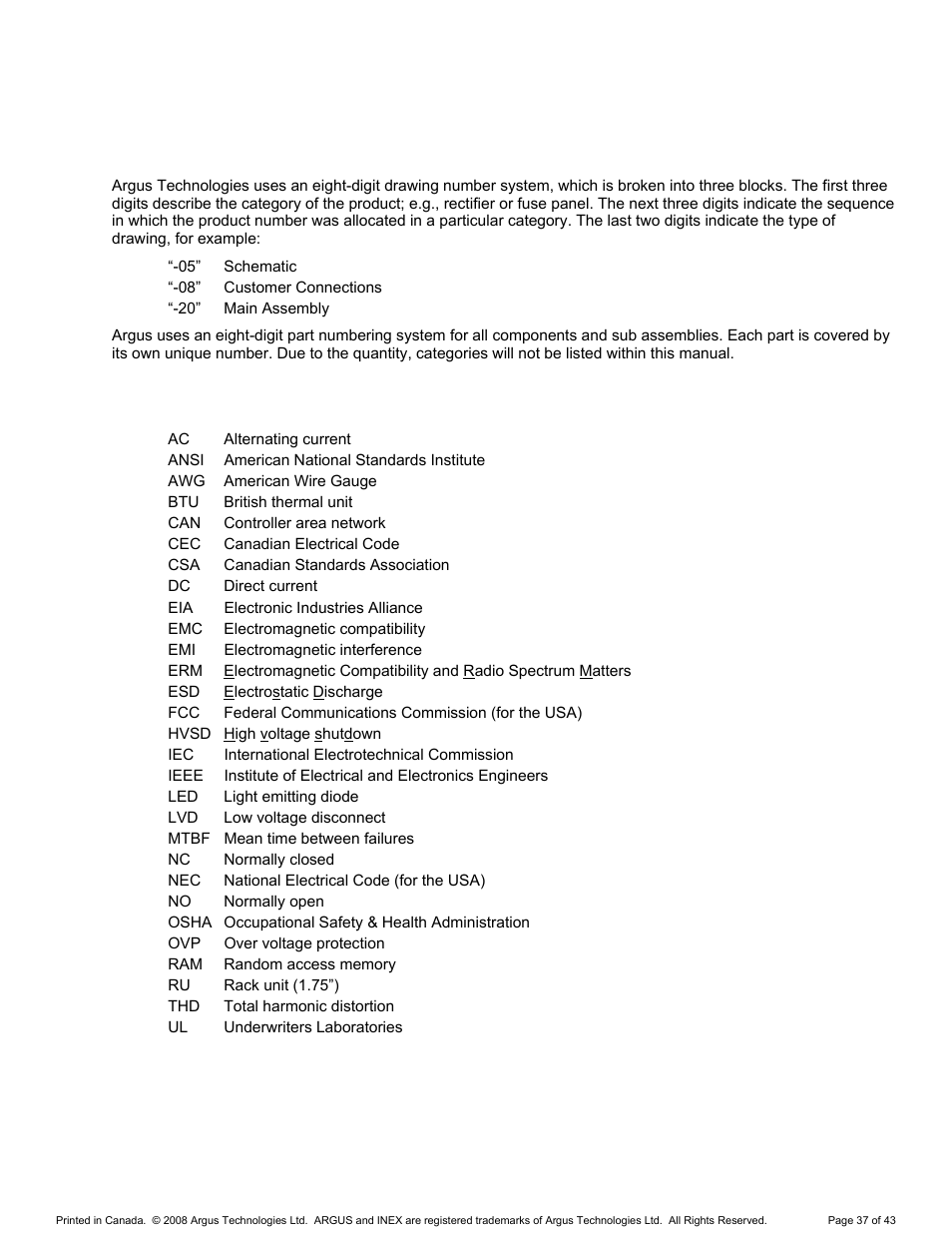Argus conventions, Numbering system, Acronyms and definitions | 10 argus conventions | Alpha Technologies INEX Inverter System User Manual | Page 47 / 54