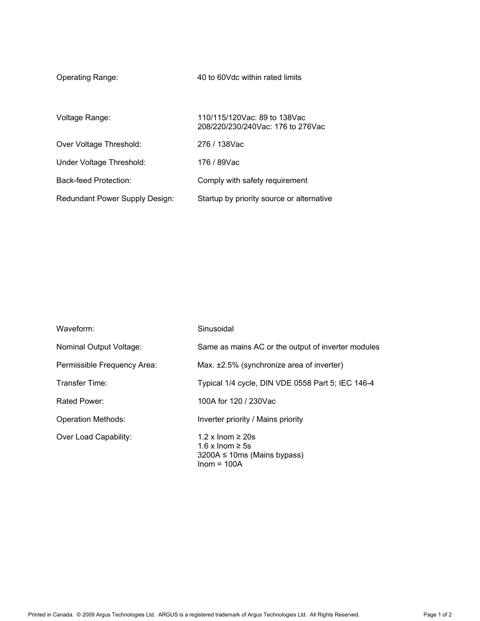 Specifications, Dc auxiliary power input, Ac input | Ac output | Alpha Technologies INEX 100A STS Module and MBS+PDU User Manual | Page 5 / 40