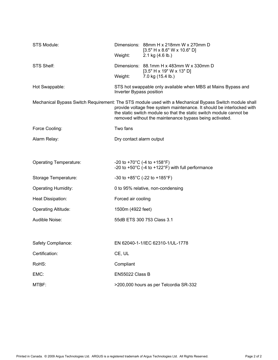 Mechanical, Environmental, Standards | Alpha Technologies INEX 100A STS Module and MBS+PDU User Manual | Page 6 / 40