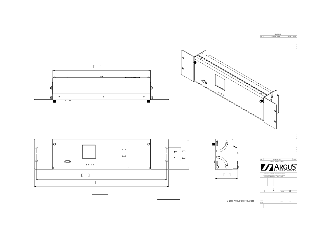 Front view 23"rack mount, Top view, Right view isometric view | Alpha Technologies Cordex Controller Panel Mount_Rack Mount User Manual | Page 33 / 40