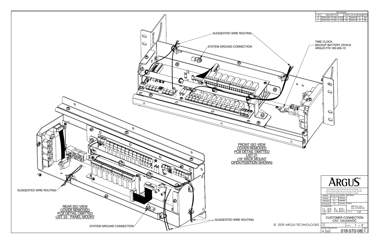 19" rack mount open position shown), List 22 - panel mount pcb detail omitted, Rear iso view cover removed | 2009 argus technologies, Customer connection, System ground connection, Suggested wire routing | Alpha Technologies Cordex Controller Panel Mount_Rack Mount 125_220Vdc User Manual | Page 28 / 34