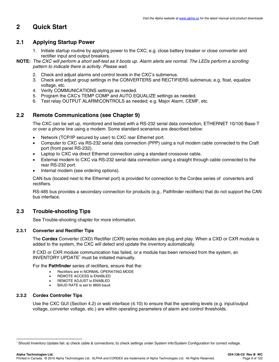 2quick start, 1 applying startup power, 2 remote communications (see chapter 9) | 3 trouble-shooting tips | Alpha Technologies Cordex Controller Ver.2.0 User Manual | Page 11 / 126