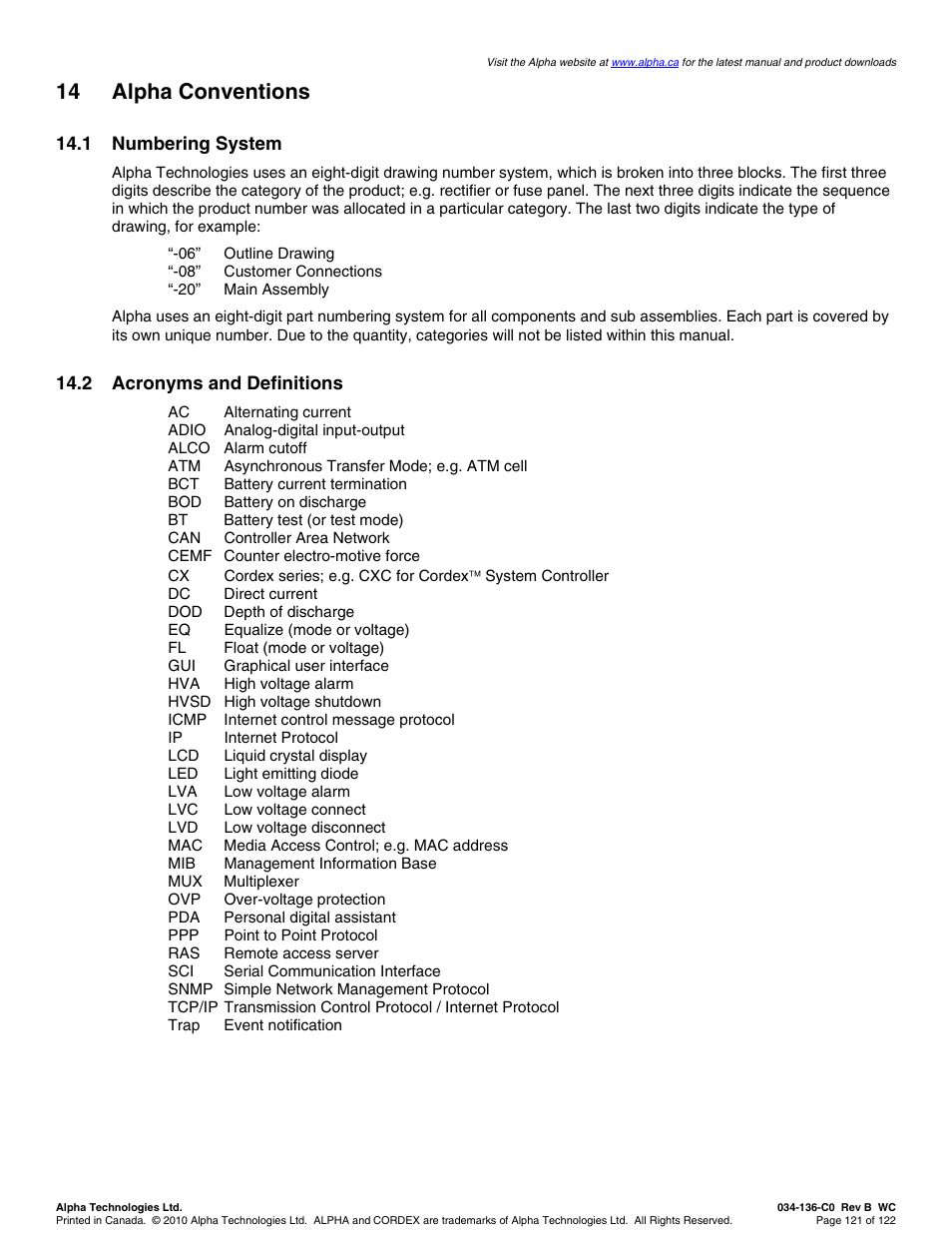 14 alpha conventions | Alpha Technologies Cordex Controller Ver.2.0 User Manual | Page 123 / 126