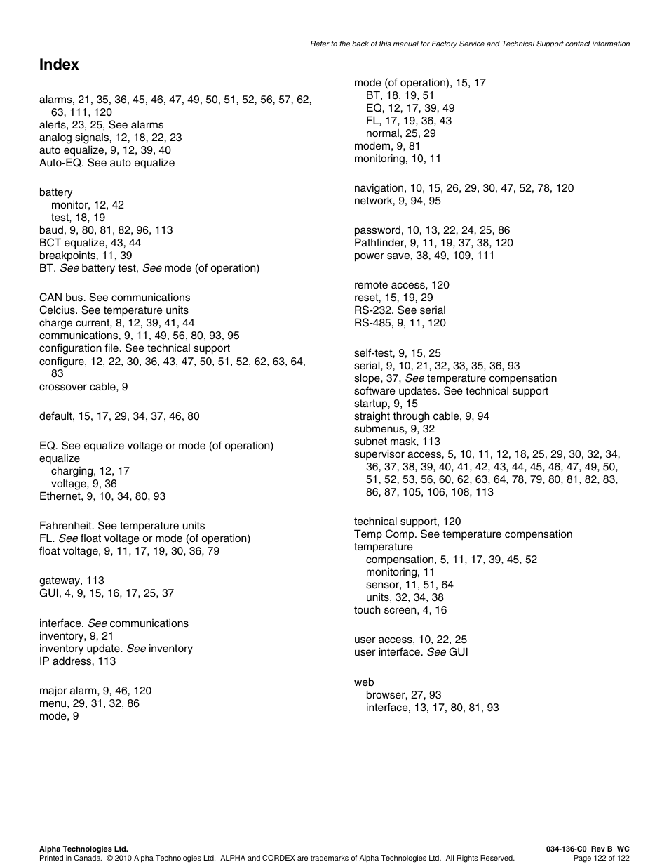 Index | Alpha Technologies Cordex Controller Ver.2.0 User Manual | Page 124 / 126