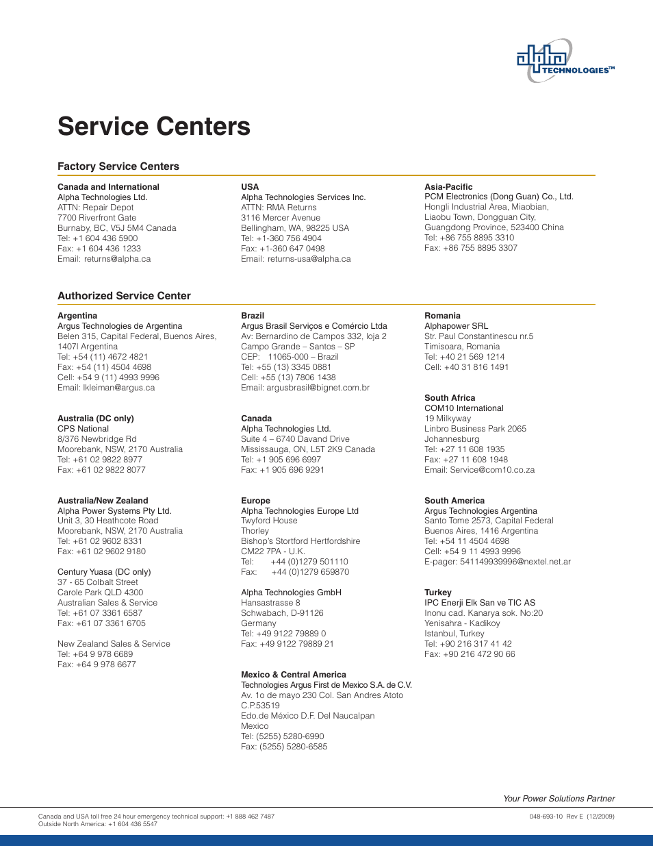 Service centers | Alpha Technologies Cordex Controller Ver.2.0 User Manual | Page 125 / 126