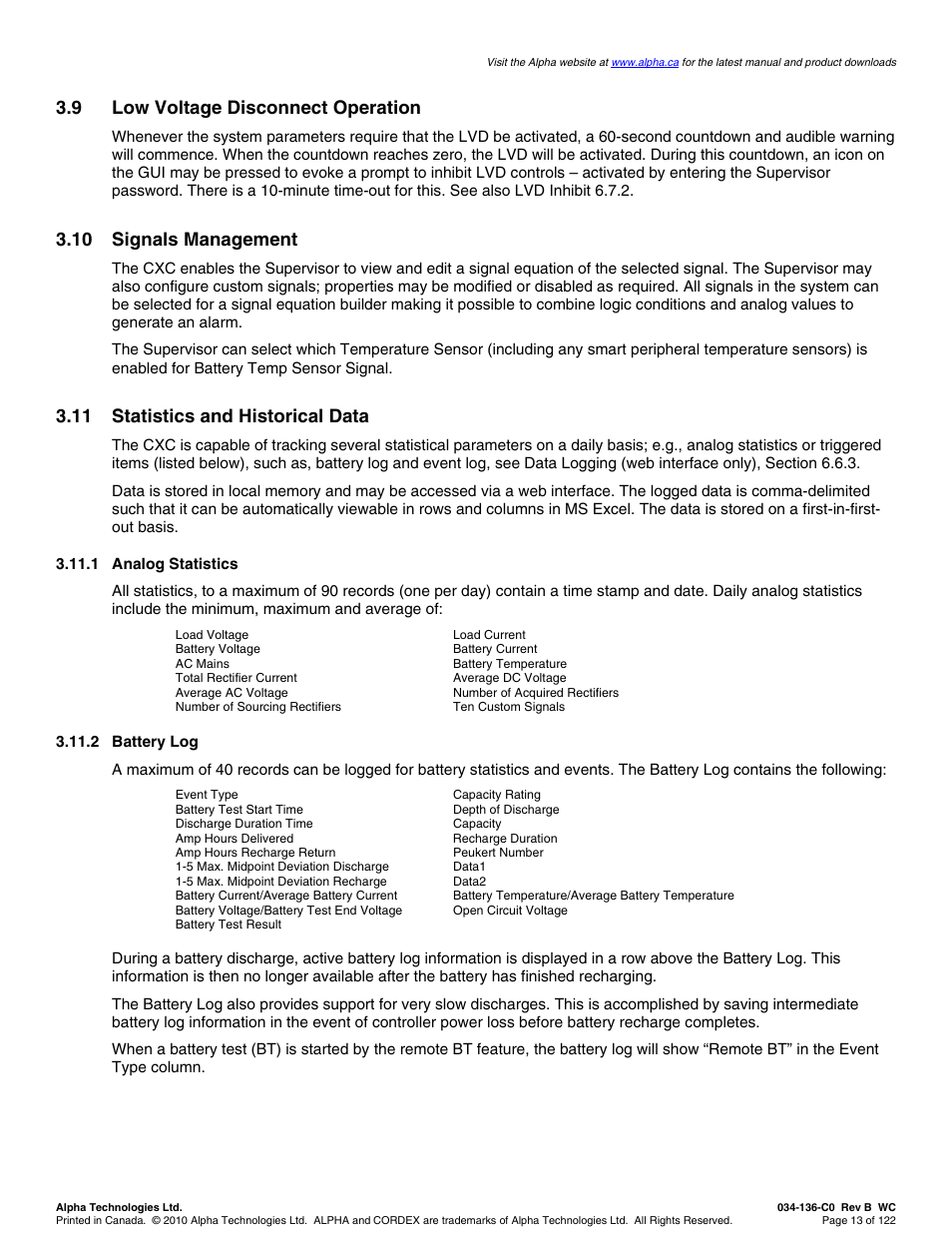 9 low voltage disconnect operation, 10 signals management, 11 statistics and historical data | Alpha Technologies Cordex Controller Ver.2.0 User Manual | Page 15 / 126