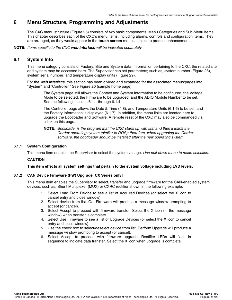 6menu structure, programming and adjustments | Alpha Technologies Cordex Controller Ver.2.0 User Manual | Page 34 / 126