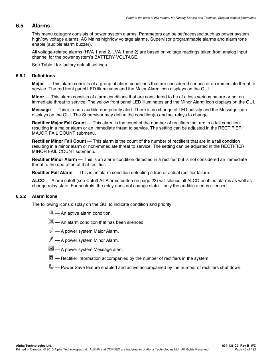 5 alarms | Alpha Technologies Cordex Controller Ver.2.0 User Manual | Page 48 / 126