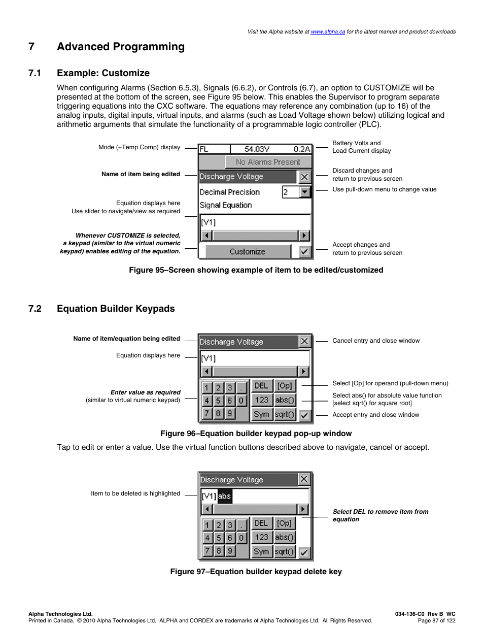 7advanced programming, 1 example: customize, 2 equation builder keypads | Alpha Technologies Cordex Controller Ver.2.0 User Manual | Page 89 / 126