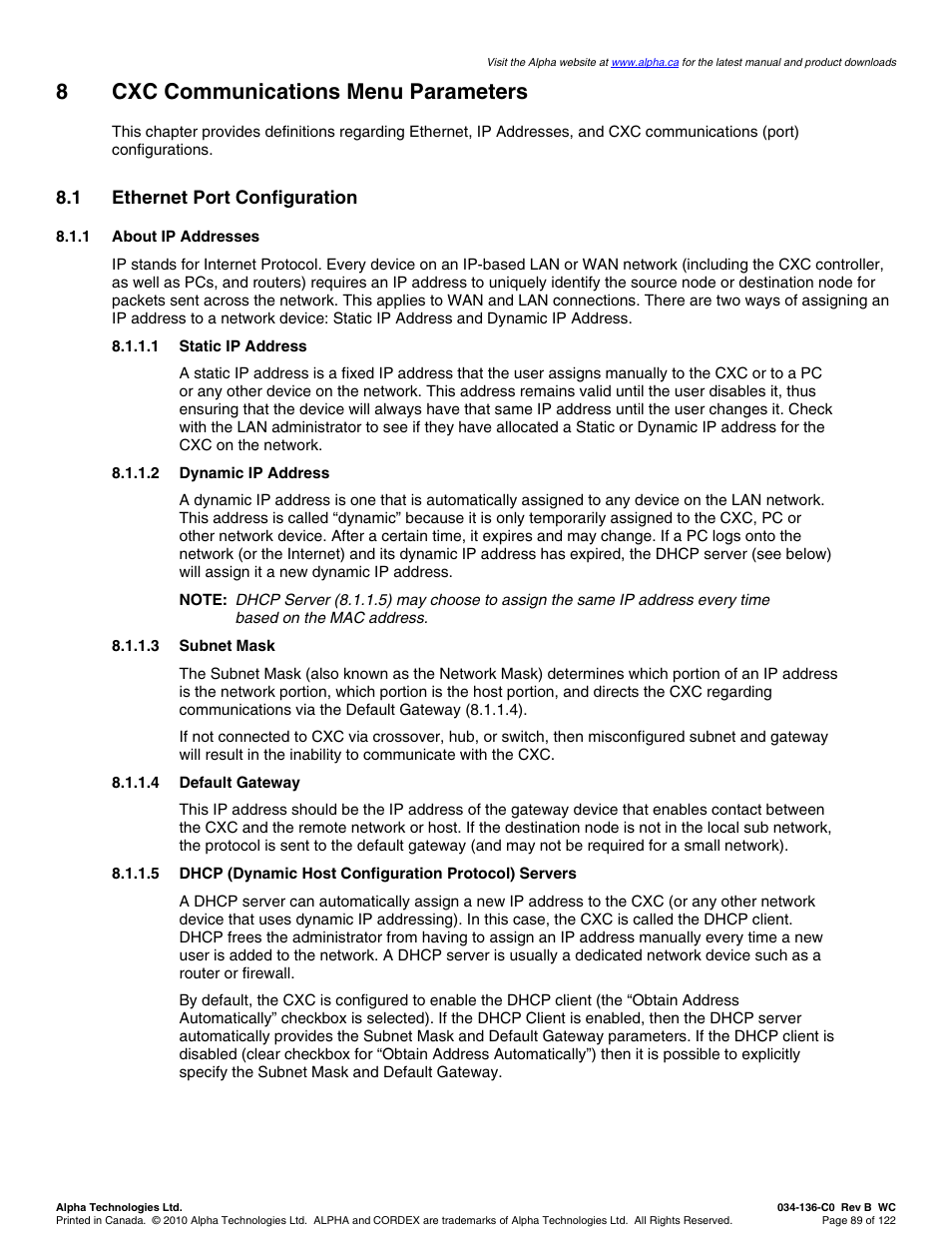 8cxc communications menu parameters, 1 ethernet port configuration | Alpha Technologies Cordex Controller Ver.2.0 User Manual | Page 91 / 126