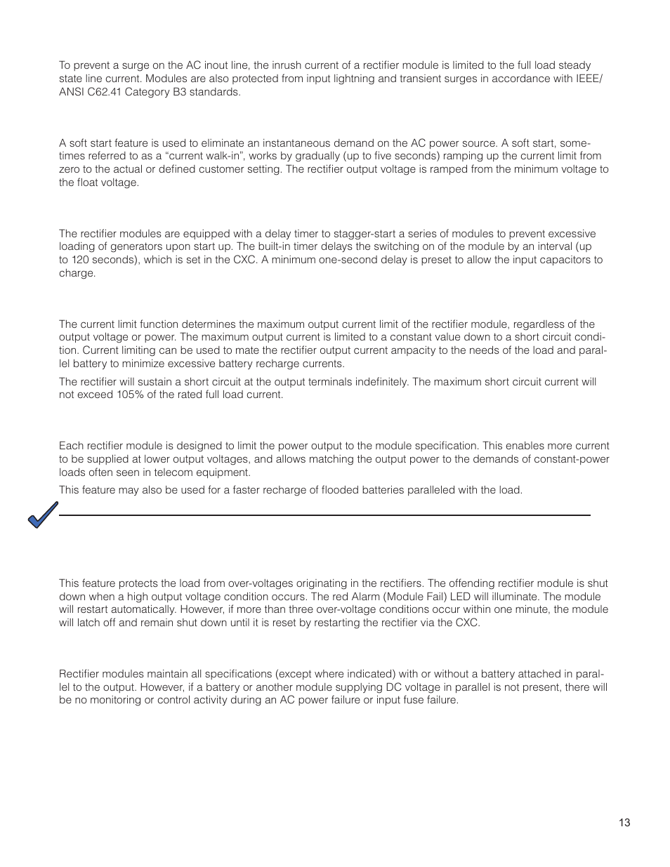 7 ac inrush/transient suppression, 8 soft start, 9 start delay | 10 current limit/short circuit protection, 11 power limiting, 12 high voltage shutdown (hvsd), 13 battery eliminator operation | Alpha Technologies Cordex HP CXRF 48-12kW User Manual | Page 15 / 64