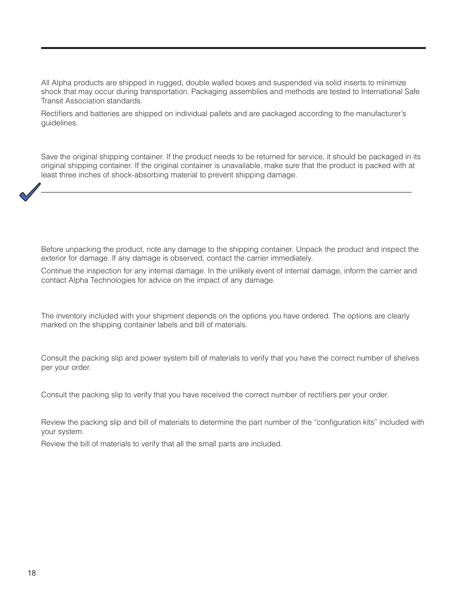 Inspection, 1 packing materials, 2 check for damage | 3 general receipt of shipment | Alpha Technologies Cordex HP CXRF 48-12kW User Manual | Page 20 / 64