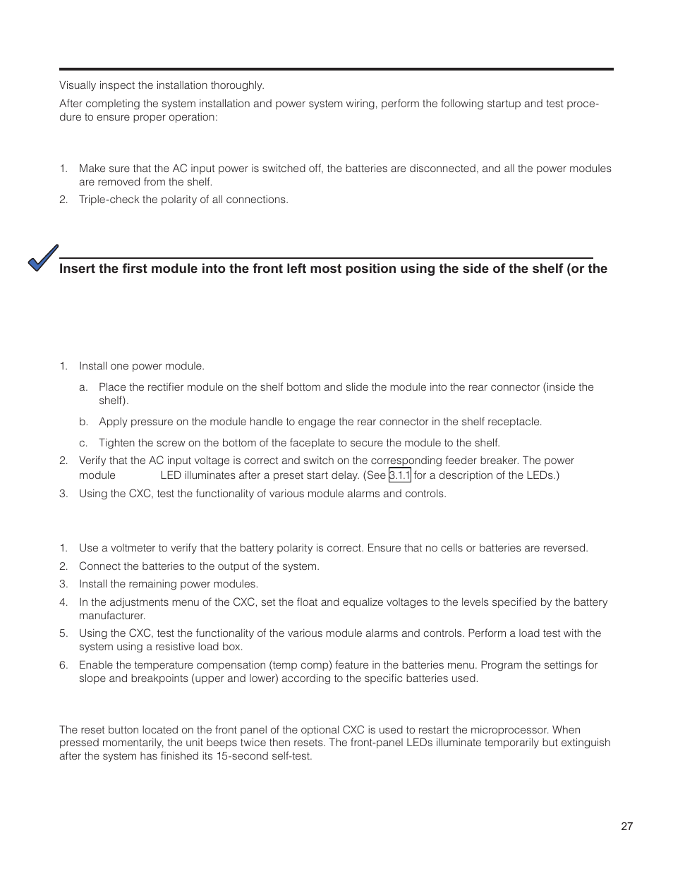 System startup, 1 check system connections, 2 verify ac and power the rectifier shelf | 3 triple check battery polarity and connections, 4 cxc reset | Alpha Technologies Cordex HP CXRF 48-12kW User Manual | Page 29 / 64