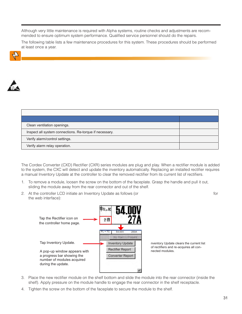 Maintenance, 2 replacing a rectifier module | Alpha Technologies Cordex HP CXRF 48-12kW User Manual | Page 33 / 64