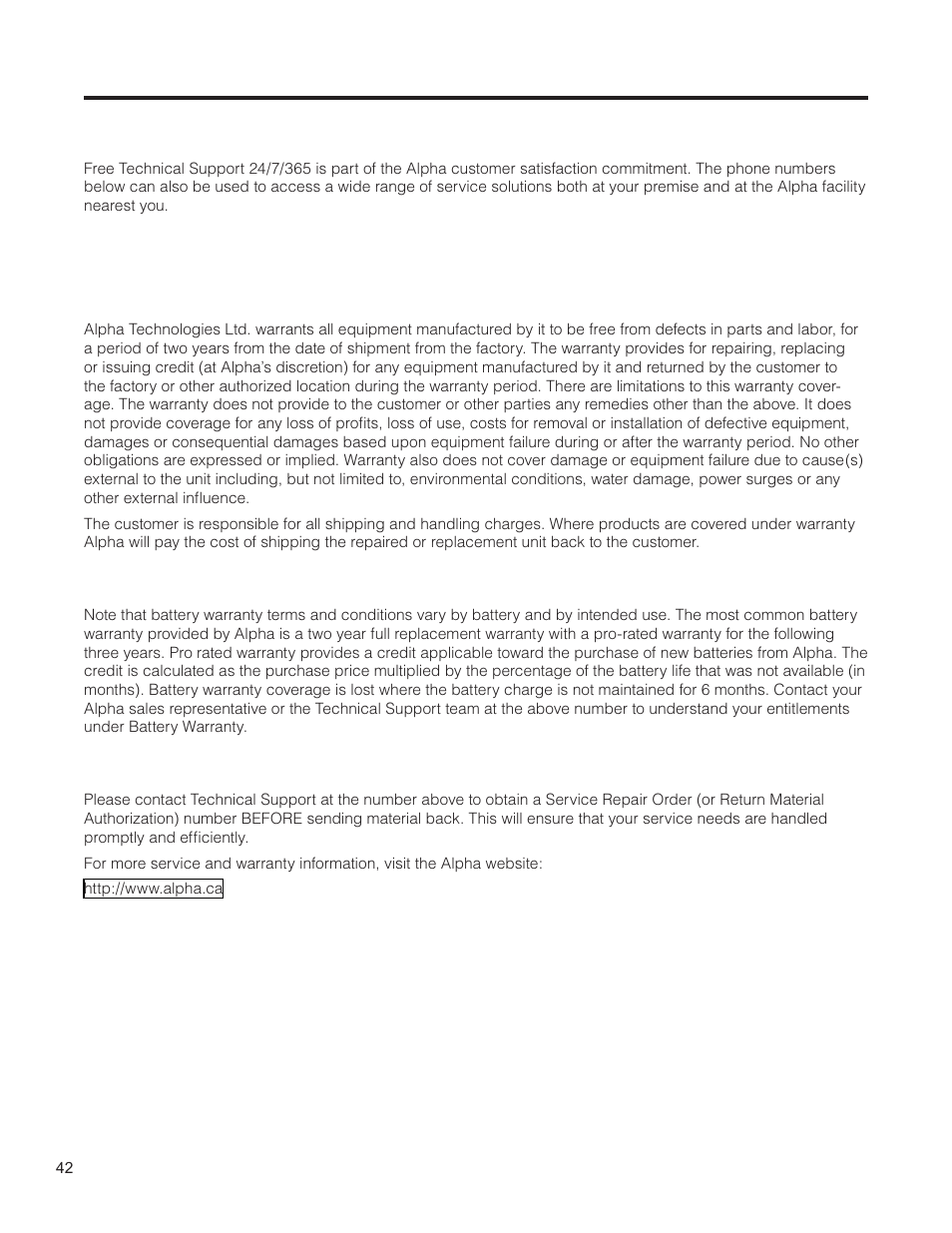 Warranty and service information, 1 technical support, 2 warranty | 3 battery warranty, 4 return of material | Alpha Technologies Cordex HP CXRF 48-12kW User Manual | Page 44 / 64