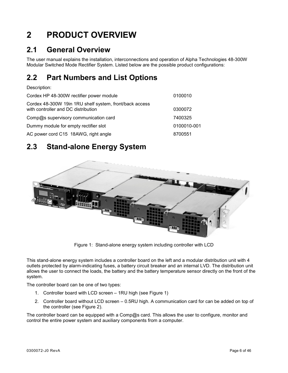 2 product overview, 1 general overview, 2 part numbers and list options | 3 stand-alone energy system, Product overview, General overview, Part numbers and list options, Stand-alone energy system, 2product overview | Alpha Technologies Cordex CXCRF 48-300W User Manual | Page 10 / 52