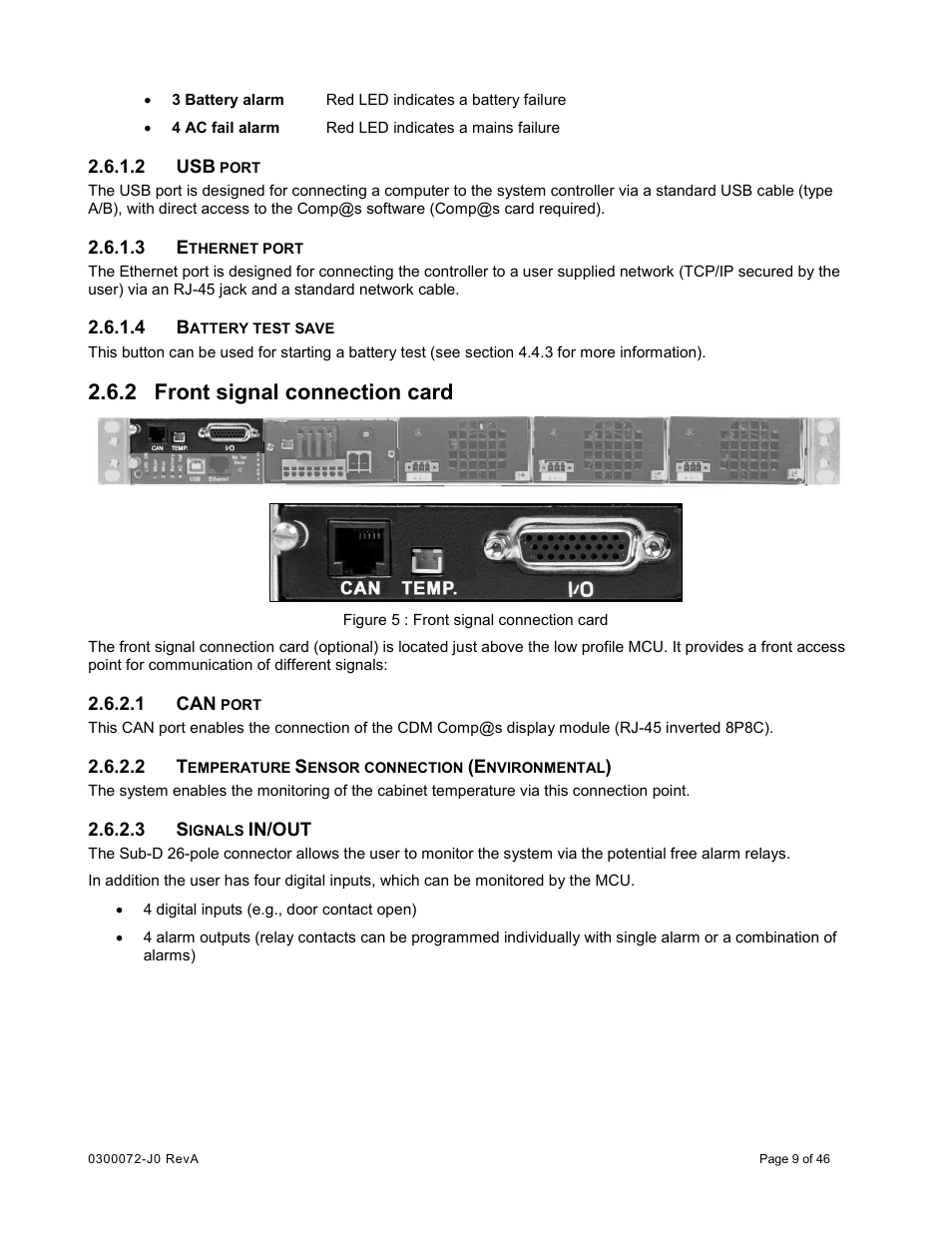 2 usb port, 3 ethernet port, 4 battery test save | 2 front signal connection card, 1 can port, 2 temperature sensor connection (environmental), 3 signals in/out, Front signal connection card | Alpha Technologies Cordex CXCRF 48-300W User Manual | Page 13 / 52