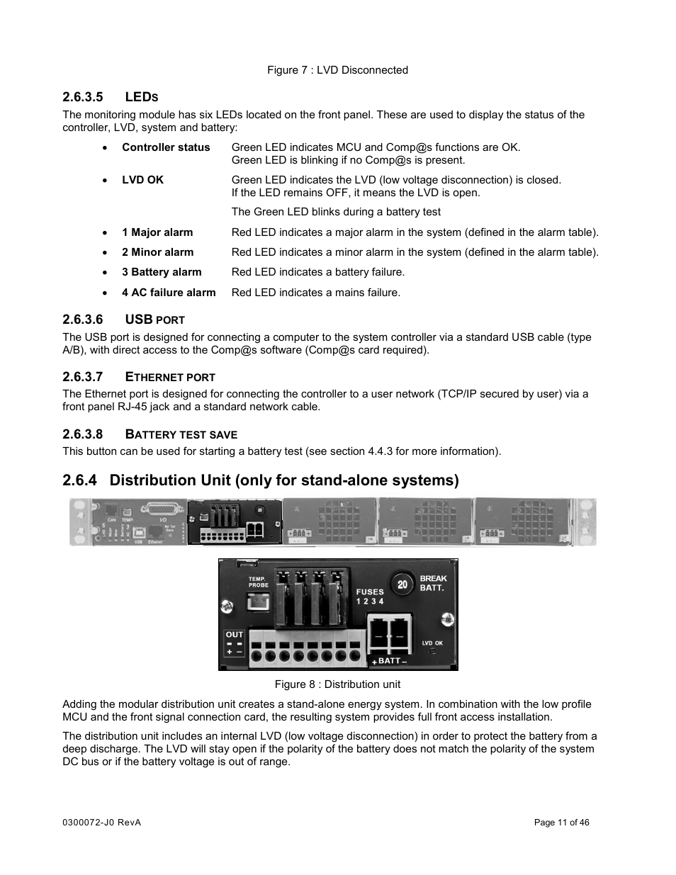 5 leds, 6 usb port, 7 ethernet port | 8 battery test save, 4 distribution unit (only for stand-alone systems), Distribution unit (only for stand-alone systems) | Alpha Technologies Cordex CXCRF 48-300W User Manual | Page 15 / 52