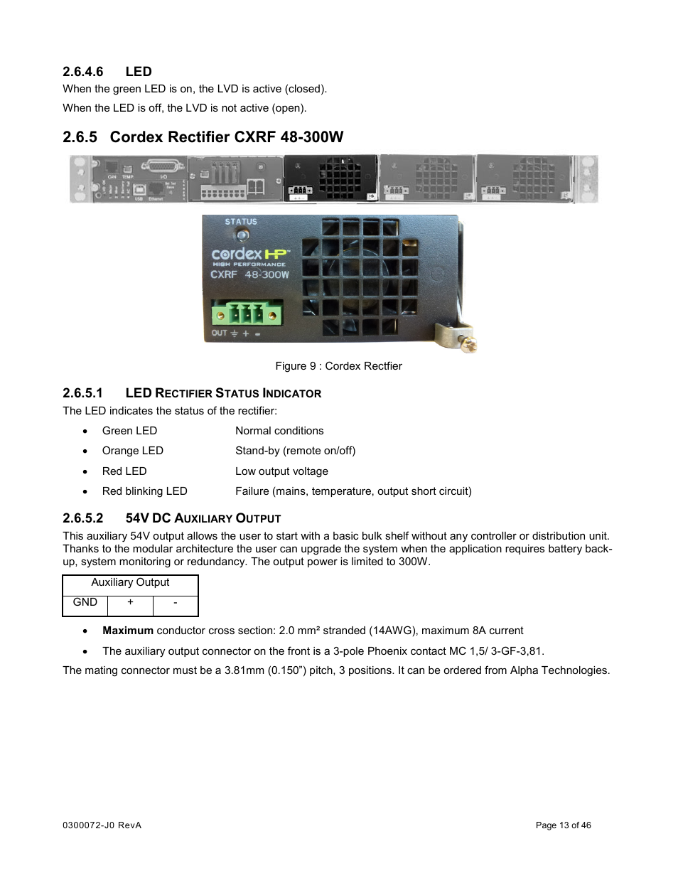 6 led, 5 cordex rectifier cxrf 48-300w, 1 led rectifier status indicator | 2 54v dc auxiliary output, Cordex rectifier cxrf 48-300w | Alpha Technologies Cordex CXCRF 48-300W User Manual | Page 17 / 52