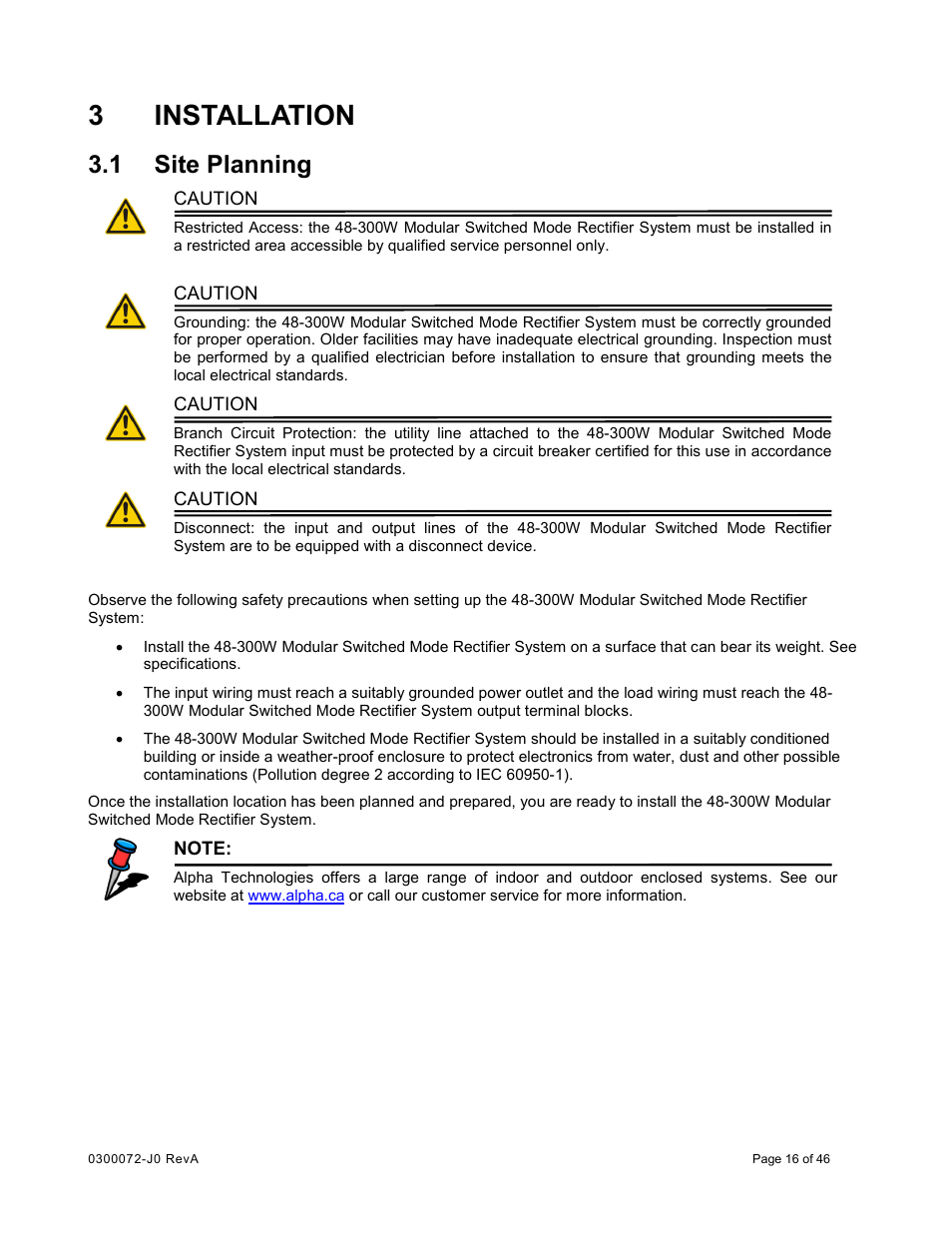 3 installation, 1 site planning, Installation | Site planning, 3installation | Alpha Technologies Cordex CXCRF 48-300W User Manual | Page 20 / 52