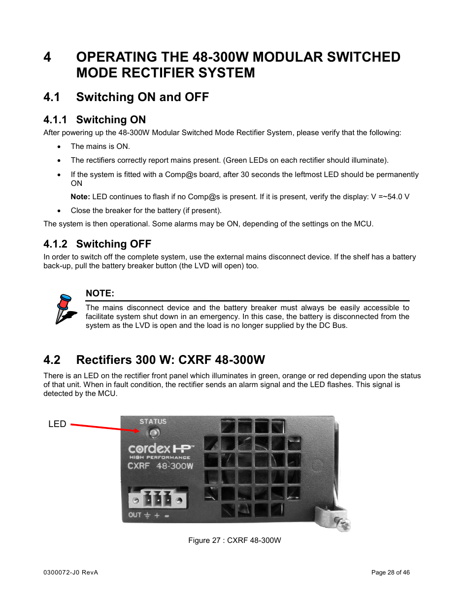 1 switching on and off, 1 switching on, 2 switching off | 2 rectifiers 300 w: cxrf 48-300w, Switching on and off, Switching on, Switching off, Rectifiers 300 w: cxrf 48-300w | Alpha Technologies Cordex CXCRF 48-300W User Manual | Page 32 / 52