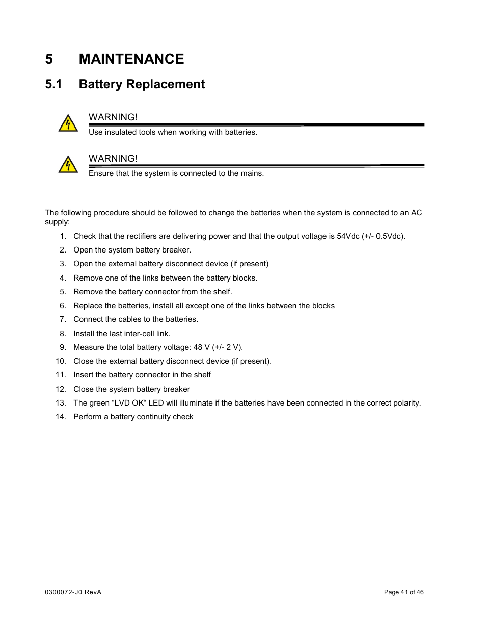 5 maintenance, 1 battery replacement, Maintenance | Battery replacement, 5maintenance | Alpha Technologies Cordex CXCRF 48-300W User Manual | Page 45 / 52