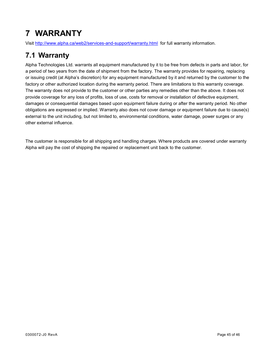 7 warranty, 1 warranty, Warranty | Alpha Technologies Cordex CXCRF 48-300W User Manual | Page 49 / 52
