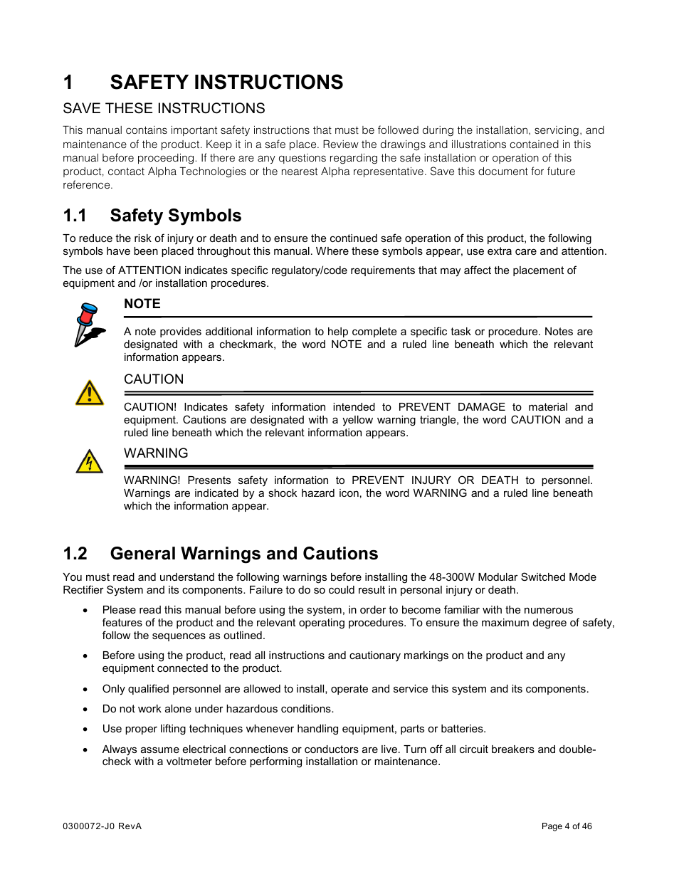 1 safety instructions, 1 safety symbols, 2 general warnings and cautions | Safety instructions, Safety symbols, General warnings and cautions, 1safety instructions, Save these instructions | Alpha Technologies Cordex CXCRF 48-300W User Manual | Page 8 / 52