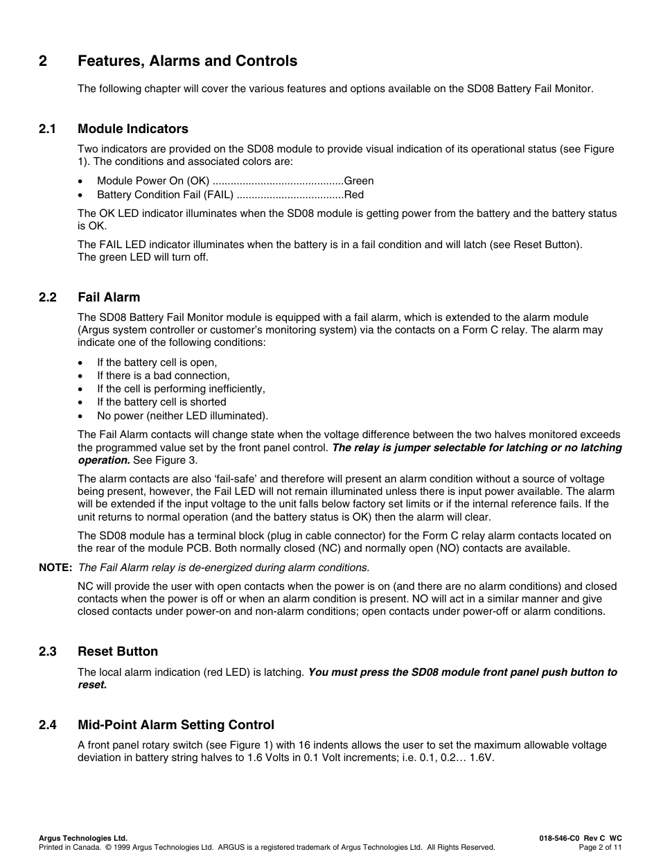 Features, alarms and controls, Module indicators, Fail alarm | Reset button, Mid-point alarm setting control, Eatures, Larms and, Ontrols, 2features, alarms and controls | Alpha Technologies SD08 User Manual | Page 10 / 28