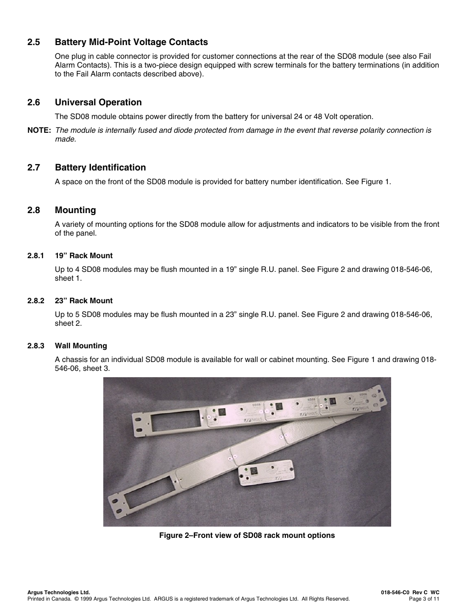 Battery mid-point voltage contacts, Universal operation, Battery identification | Mounting, 19” rack mount, 23” rack mount, Wall mounting | Alpha Technologies SD08 User Manual | Page 11 / 28