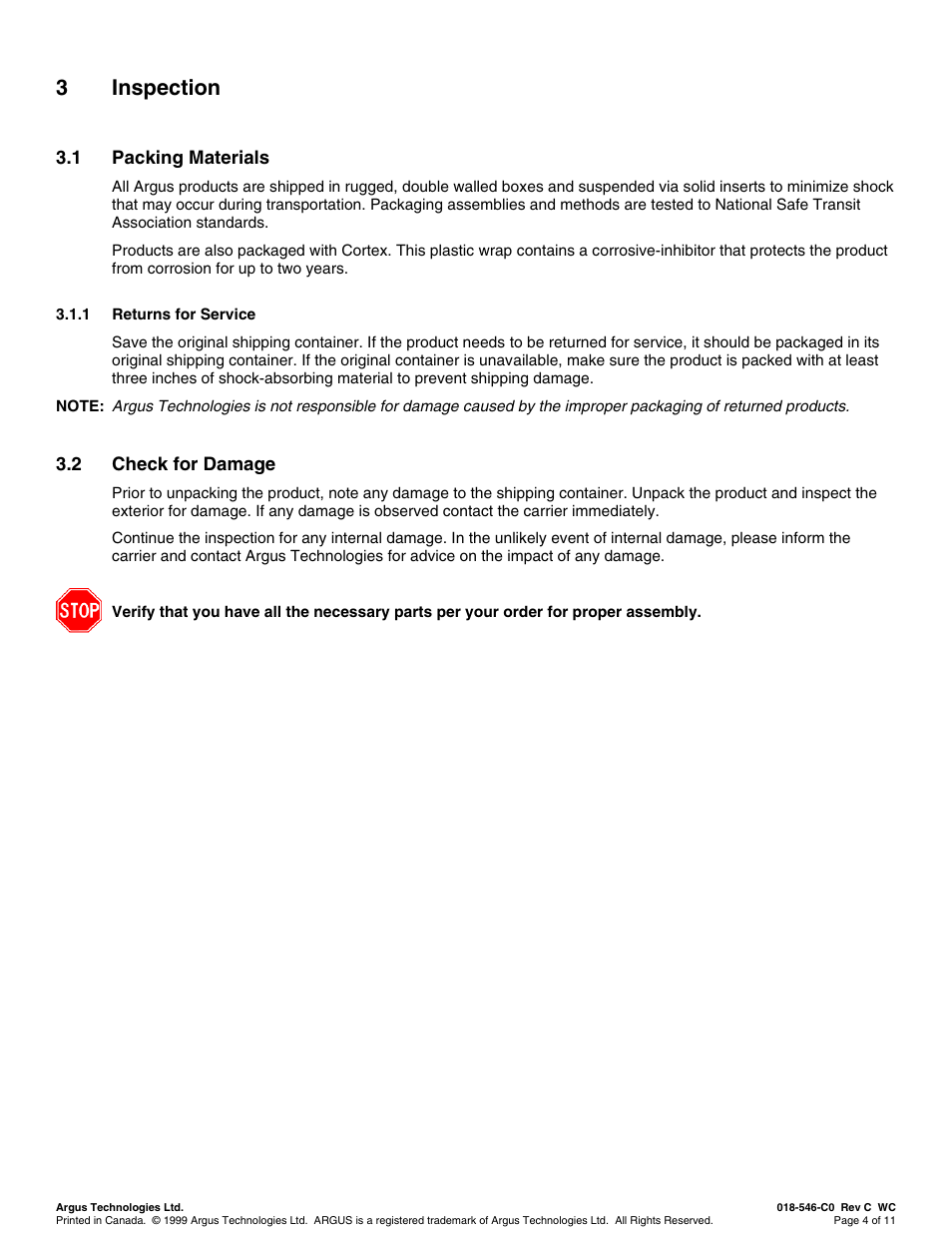 Inspection, Packing materials, Returns for service | Check for damage, Nspection, 3 inspection | Alpha Technologies SD08 User Manual | Page 12 / 28