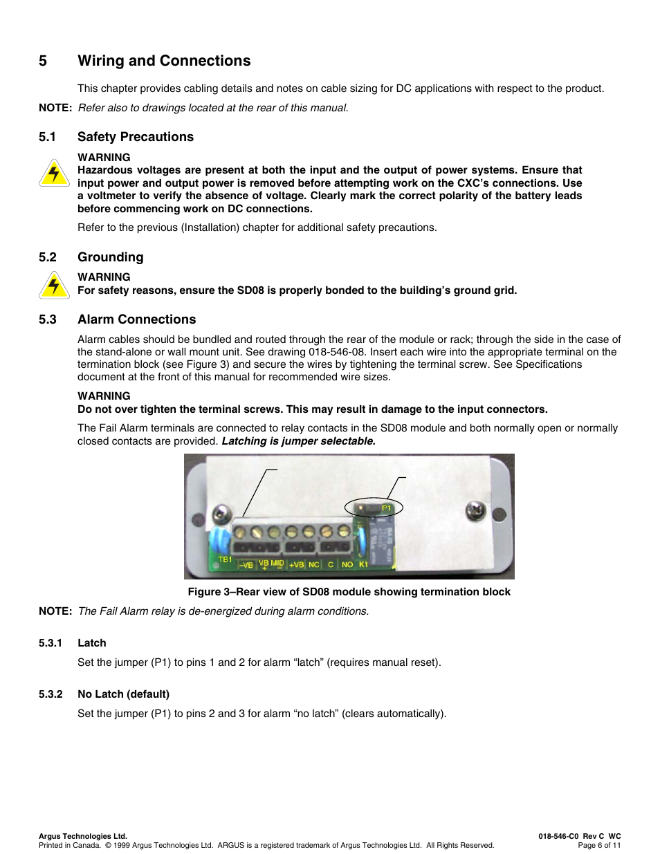 Wiring and connections, Safety precautions, Grounding | Alarm connections, Latch, No latch (default), Iring and, Onnections, 5wiring and connections | Alpha Technologies SD08 User Manual | Page 14 / 28