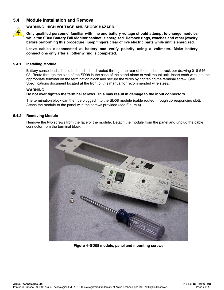 Module installation and removal, Installing module, Removing module | 4 module installation and removal | Alpha Technologies SD08 User Manual | Page 15 / 28