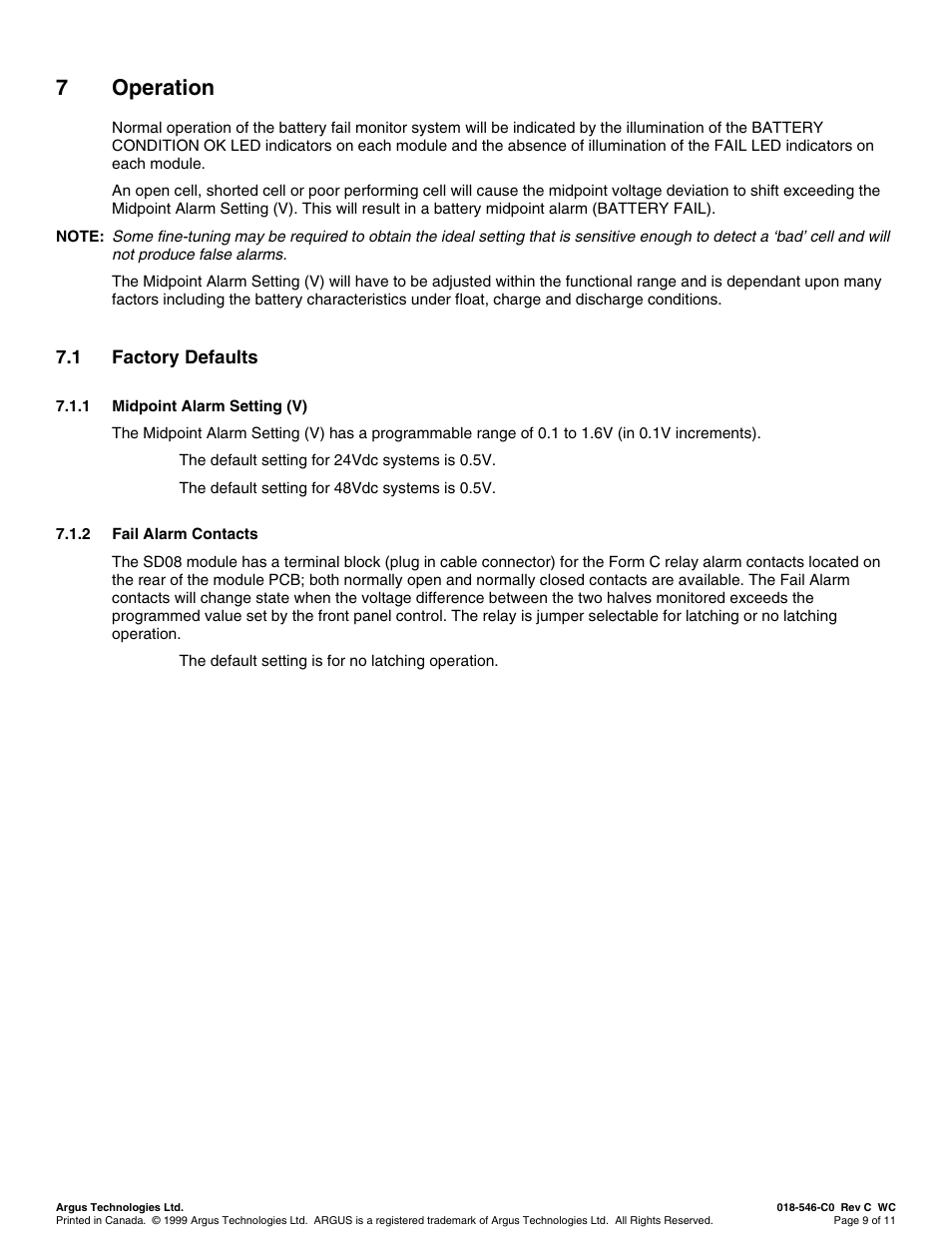 Operation, Factory defaults, Midpoint alarm setting (v) | Fail alarm contacts, Peration, 7 operation | Alpha Technologies SD08 User Manual | Page 17 / 28