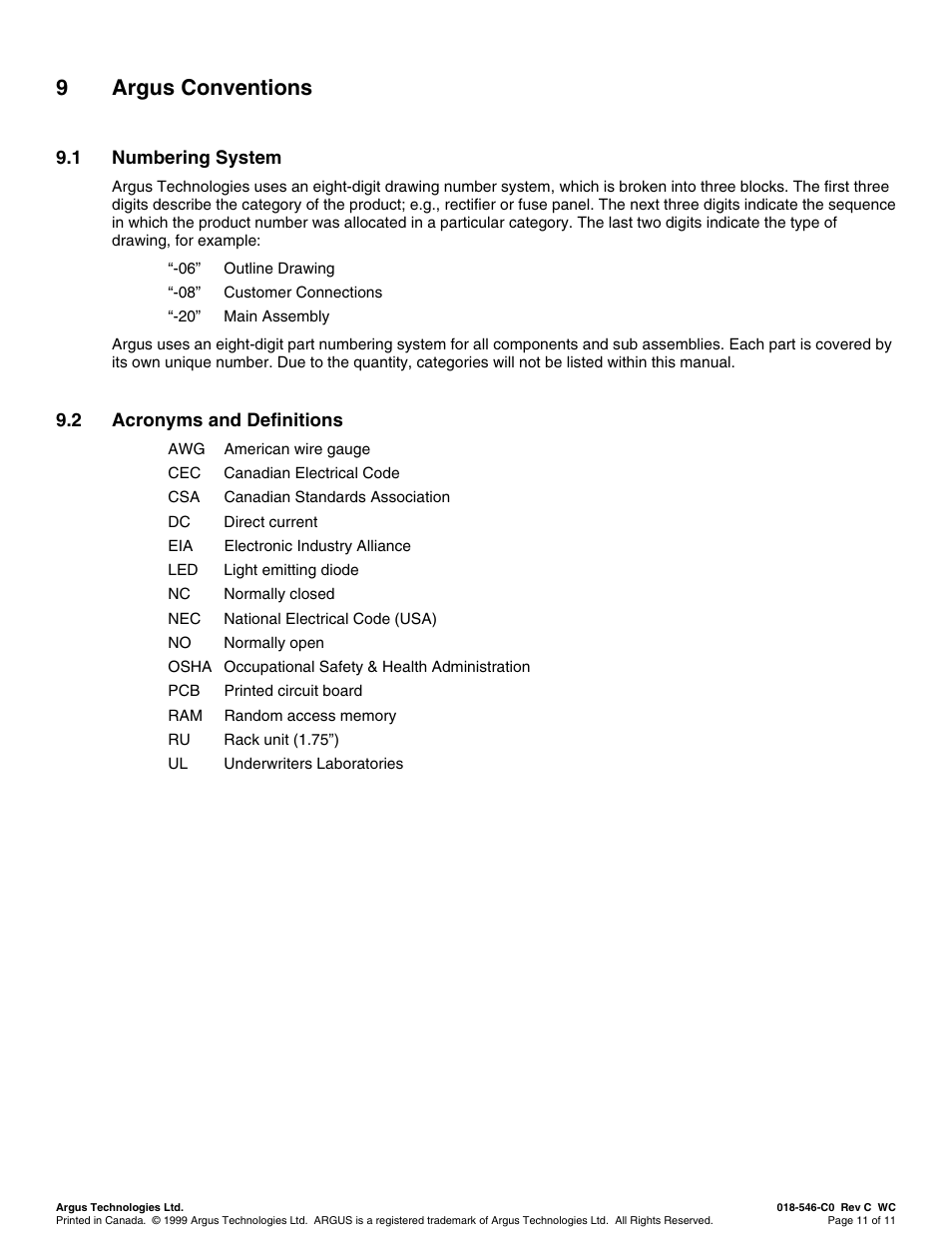 Argus conventions, Numbering system, Acronyms and definitions | Rgus, Onventions, 9 argus conventions | Alpha Technologies SD08 User Manual | Page 19 / 28