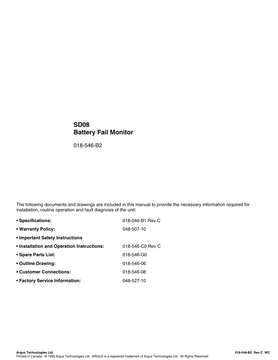 Cover of manual, Sd08 battery fail monitor, 546-b2 | Alpha Technologies SD08 User Manual | Page 3 / 28