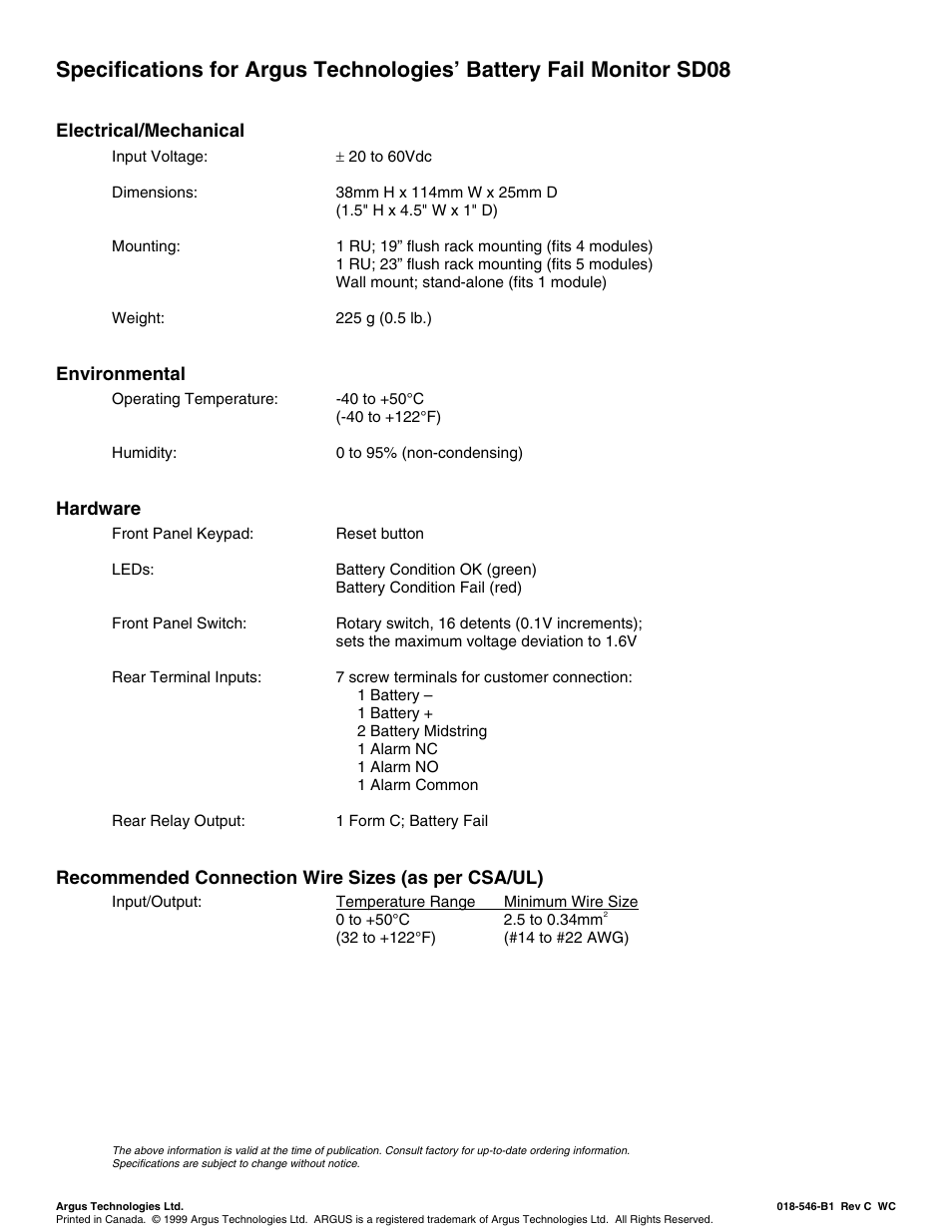 Specifications, Electrical/mechanical, Environmental | Hardware, Recommended connection wire sizes (as per csa/ul) | Alpha Technologies SD08 User Manual | Page 5 / 28