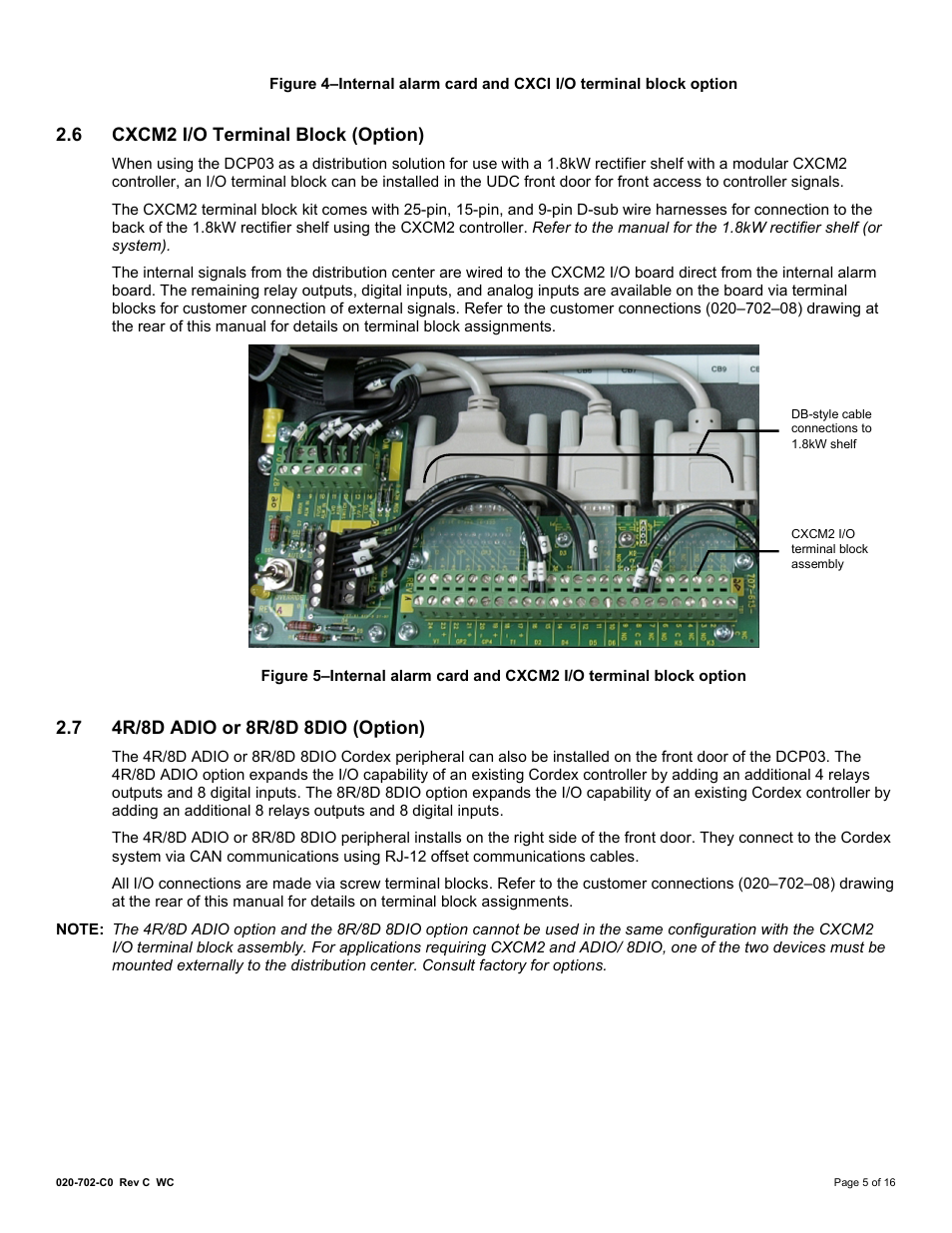6 cxcm2 i/o terminal block (option), 7 4r/8d adio or 8r/8d 8dio (option), Cxcm2 i/o terminal block (option) | 4r/8d adio or 8r/8d 8dio (option) | Alpha Technologies DCP03 300A User Manual | Page 11 / 40