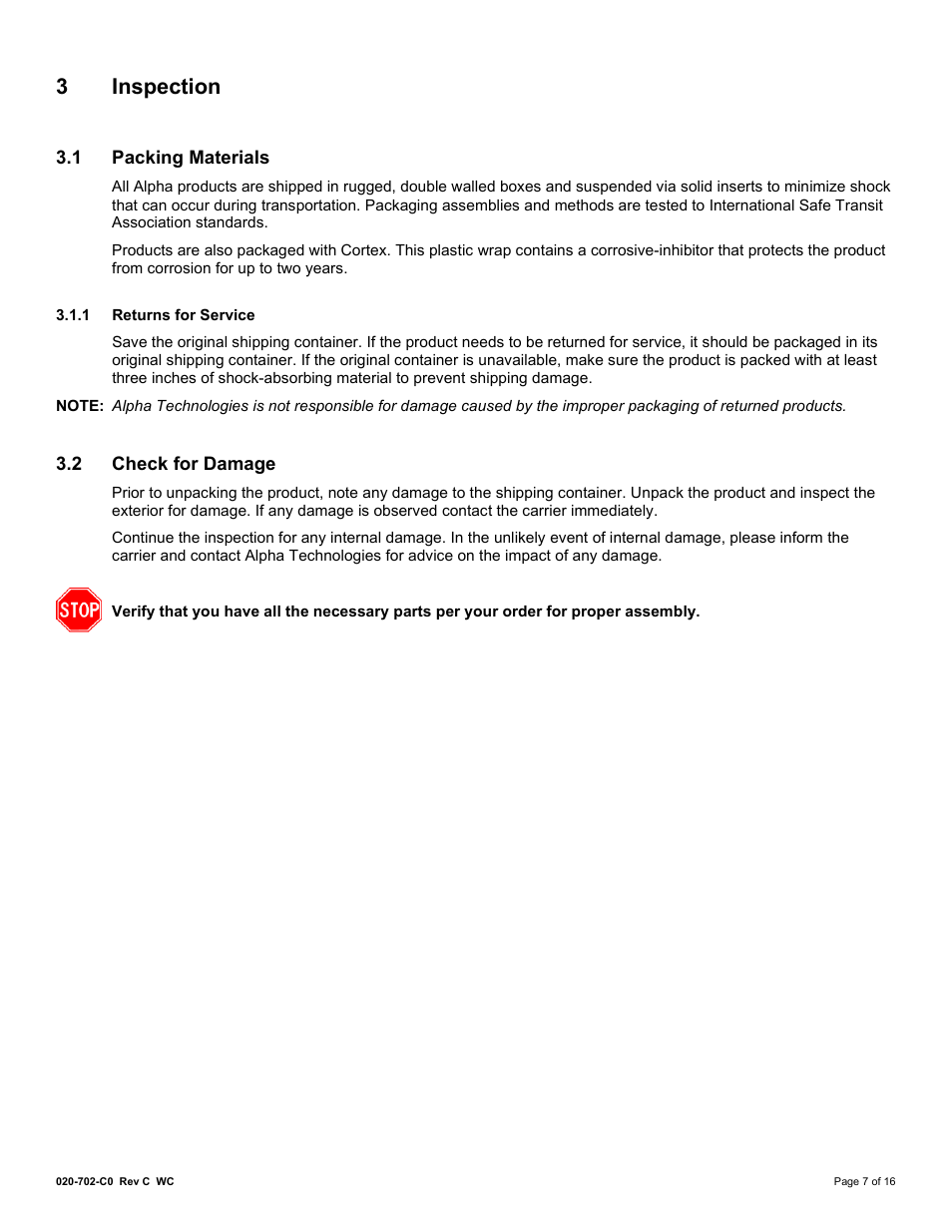 3 inspection, 1 packing materials, 1 returns for service | 2 check for damage, Nspection, Packing materials, Check for damage, 3inspection | Alpha Technologies DCP03 300A User Manual | Page 13 / 40