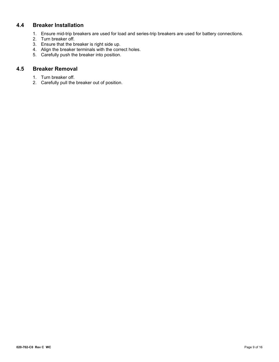 4 breaker installation, 5 breaker removal, Breaker installation | Breaker removal | Alpha Technologies DCP03 300A User Manual | Page 15 / 40