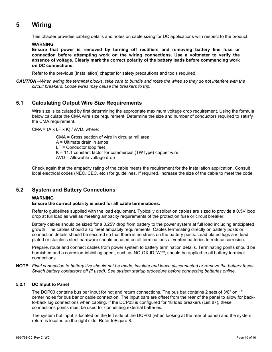 5 wiring, 1 calculating output wire size requirements, 2 system and battery connections | 1 dc input to panel, Iring, Calculating output wire size requirements, System and battery connections, 5wiring | Alpha Technologies DCP03 300A User Manual | Page 16 / 40