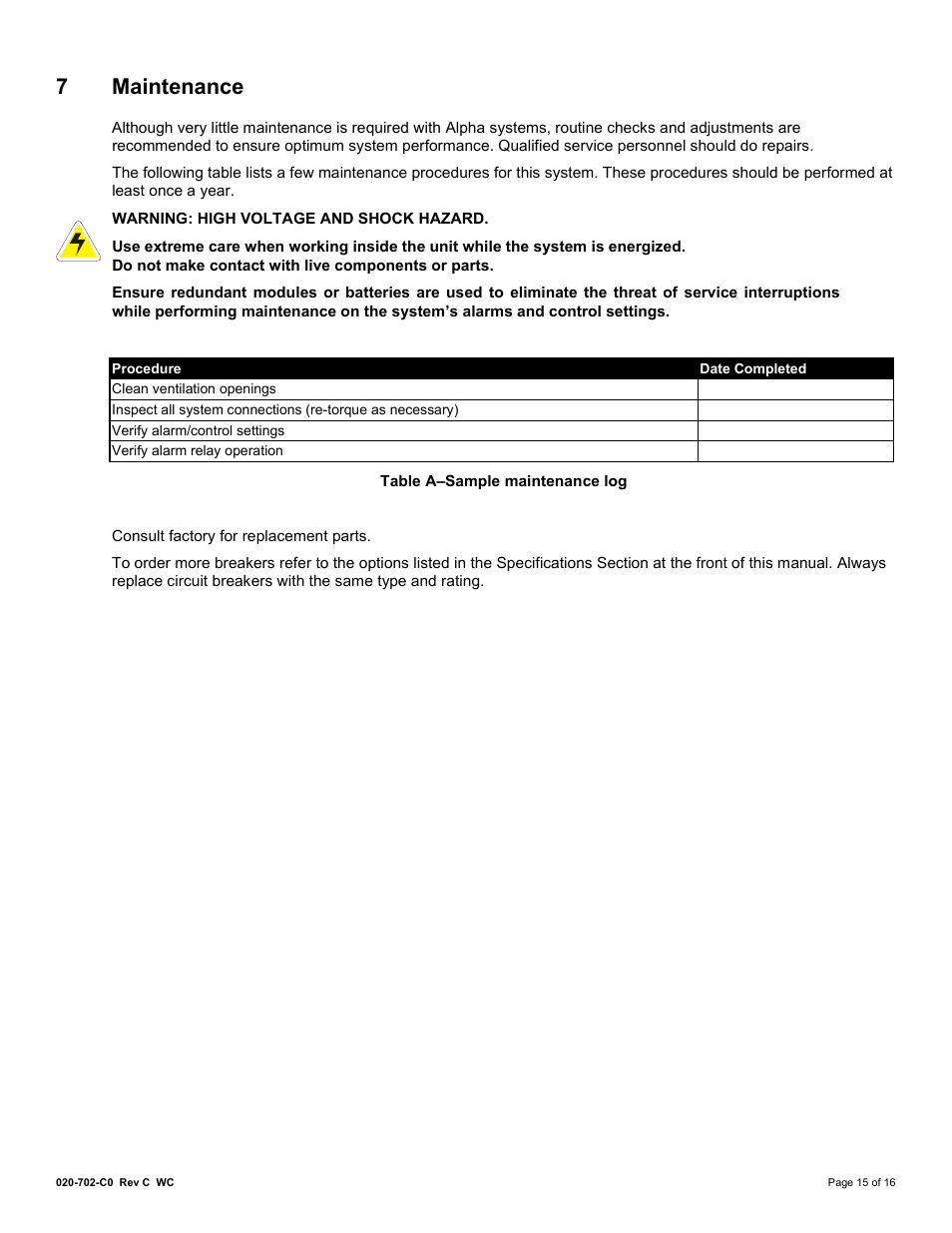 7 maintenance, Aintenance, 7maintenance | Alpha Technologies DCP03 300A User Manual | Page 21 / 40