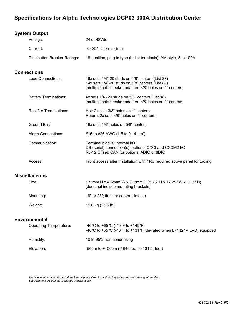 020702b1c__specs, System output, Connections | Miscellaneous, Environmental | Alpha Technologies DCP03 300A User Manual | Page 23 / 40