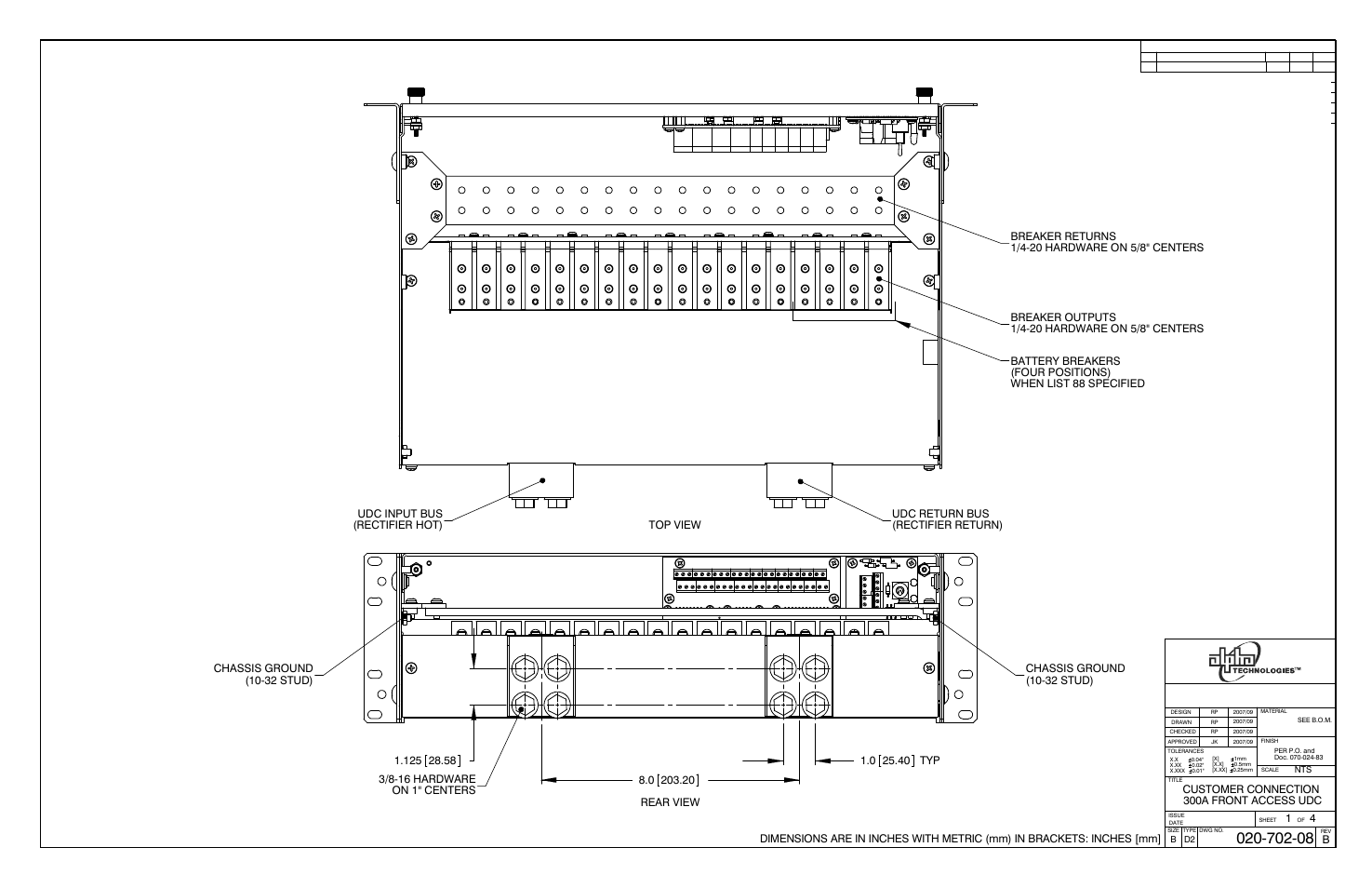 02070208a, Sheet1, Drawing view1 | Drawing view2, B300a front access udc, Customer connection | Alpha Technologies DCP03 300A User Manual | Page 34 / 40