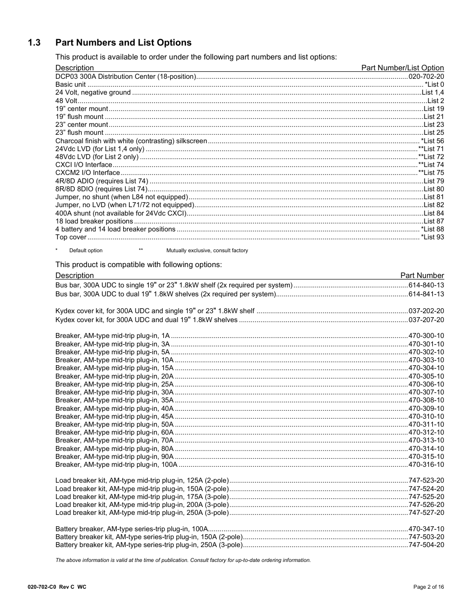 3 part numbers and list options, Part numbers and list options | Alpha Technologies DCP03 300A User Manual | Page 8 / 40