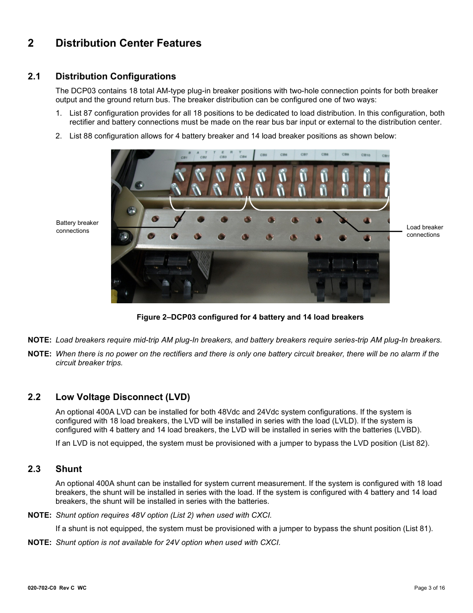 2 distribution center features, 1 distribution configurations, 2 low voltage disconnect (lvd) | 3 shunt, Istribution, Enter, Eatures, Distribution configurations, Low voltage disconnect (lvd), Shunt | Alpha Technologies DCP03 300A User Manual | Page 9 / 40