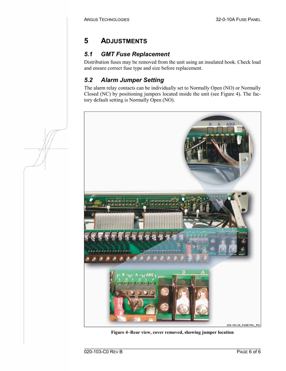 Adjustments, Djustments, 1 gmt fuse replacement | 2 alarm jumper setting | Alpha Technologies 32-0-10A Fuse Panel User Manual | Page 14 / 18