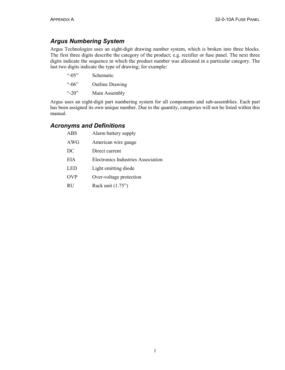 Appendix, Argus numbering system, Acronyms and definitions | Alpha Technologies 32-0-10A Fuse Panel User Manual | Page 15 / 18