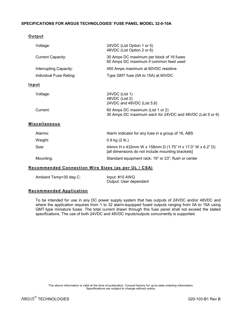 Specifications | Alpha Technologies 32-0-10A Fuse Panel User Manual | Page 5 / 18