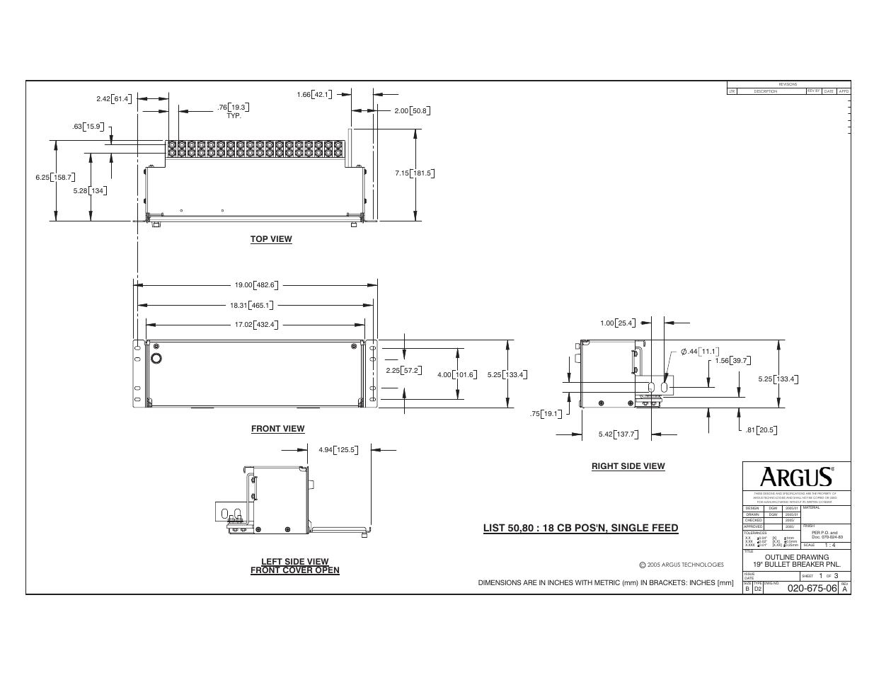 Outline drawings, Left side view front cover open, Front view | Right side view, Top view | Alpha Technologies Rear Access Bullet Breaker Panel, 19 User Manual | Page 16 / 26